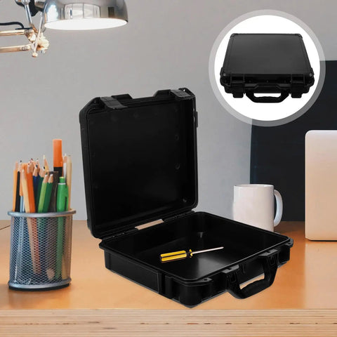 Hella Practical PP Plastic Toolbox With Secure Lock, Savage Electric Drill Carry Case And Nifty Small Parts Organizer for storage on a desk.
