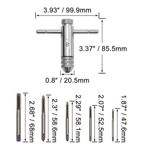 Dimensions and sizes of the Ratchet T Handle Tap Wrench and 5 Metric Taps M3 M4 M5 M6 M8 Handy Two Way Adjustable Tapping Tool Kit
