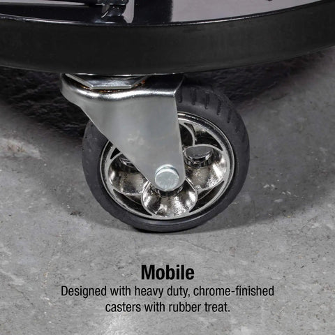 Close-up of a chrome-finished caster wheel on Telescoping Tractor Seat With Parts Tray, 300 lb Capacity, Adjustable Height 18 To 22 Inches.