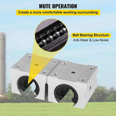 Close-up of SBR16UU bearing blocks featuring ball bearing structure for Rock Solid SBR16 Linear Rail Kit for CNC use.