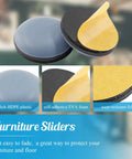 Self Adhesive Furniture Sliders 24 Pack Three Quarter Inch Round Leg Floor Protectors showing HDPE plastic, EVA foam, felt layers.