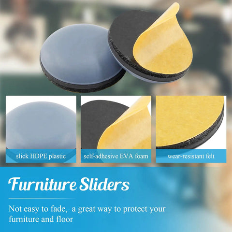 Self Adhesive Furniture Sliders 24 Pack Three Quarter Inch Round Leg Floor Protectors showing HDPE plastic, EVA foam, felt layers.