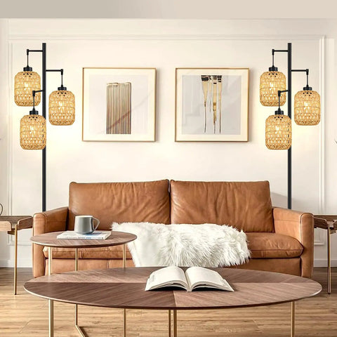 Boho Rattan Tree Floor Lamp With Three Edison Bulbs, Industrial black standing farmhouse style in living room setup