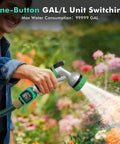 Person using Heavy Duty Brass Inlet And Outlet Water Flow Meter with LCD Readout on garden hose spraying flowers