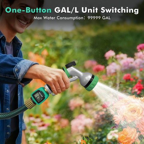Person using Heavy Duty Brass Inlet And Outlet Water Flow Meter with LCD Readout on garden hose spraying flowers