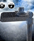 LED Stadium Flood Light Outdoor 30 Degree Beam Kickin' Bright 75000 Lm 5000K installed in rainy weather, showcasing IP66 waterproof feature