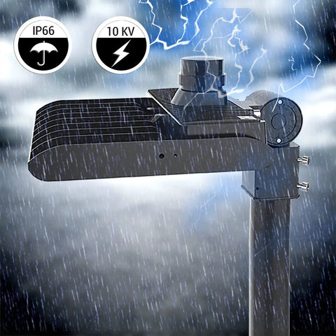 LED Stadium Flood Light Outdoor 30 Degree Beam Kickin' Bright 75000 Lm 5000K installed in rainy weather, showcasing IP66 waterproof feature