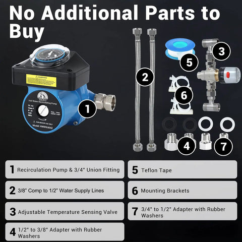Hot Water Recirculating Pump Kit for Tank Water Heater Is a Total Game Changer That Delivers Instant Heat within Seconds via Thermal Bypass Tech No Return Line Needed to Help You Save Dough and End the Cold Water Wait with components labeled.