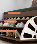 Image of No Sweat Flip Front Shoe Cabinet With Comfy PU Bench Seat showcasing organized shoe storage layers, holding flats and heels.