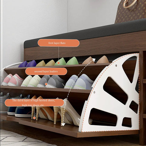 Image of No Sweat Flip Front Shoe Cabinet With Comfy PU Bench Seat showcasing organized shoe storage layers, holding flats and heels.