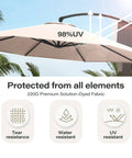 11 Ft Deluxe Cantilever Outdoor Umbrella With Base Included Heavy Duty Rotating Offset Patio All Weather Shade For Market, Pool, Garden, Backyard, Or Deck Beige with UV protection and solution-dyed fabric.