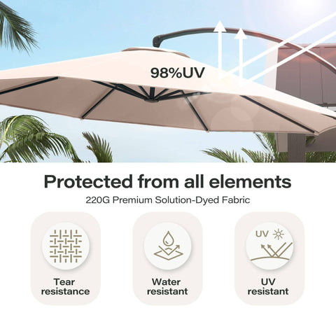 11 Ft Deluxe Cantilever Outdoor Umbrella With Base Included Heavy Duty Rotating Offset Patio All Weather Shade For Market, Pool, Garden, Backyard, Or Deck Beige with UV protection and solution-dyed fabric.