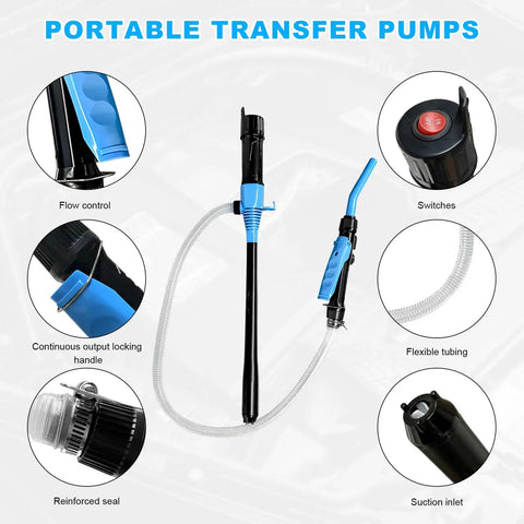 Heavy Duty No Sweat Portable Battery Operated Electric Siphon Pump With Adjustable Flow Control 2.2 GPM features flow control and flexible tubing.