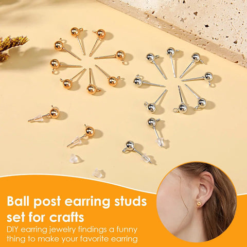 320 Piece Ball Post Earring Stud Set For Jewelry Making, Round Ball Posts With Silicone Ear Plugs, Safe Rust Resistant Metal, Lightweight And Skin Friendly For Women And DIY Jewelry Projects. Gold and silver ball post earring studs with silicone backs