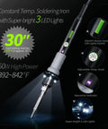 60W Soldering Iron Kit With Temperature Control, Three LED Work Lights, close-up of features and power specifications.