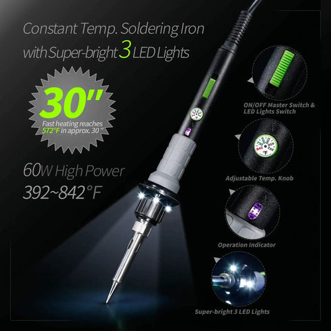 60W Soldering Iron Kit With Temperature Control, Three LED Work Lights, close-up of features and power specifications.