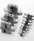 Built Tough Hidden Cabinet Hinges With Silky Smooth Glide Track For Folding Doors And Wood Boxes 180 Degree Swing Seamless Flush Install in satin silver finish.