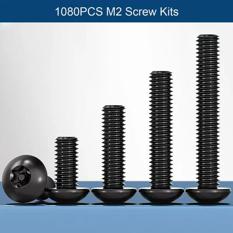 1080 Piece M2 Screw Kit With Eight Lengths M2x4mm, M2x6mm, M2x8mm, M2x10mm, M2x12mm, M2x16mm, M2x20mm, M2x25mm, hex button screws