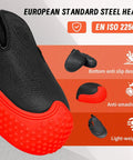 Close-up of Badass Steel Toe Shoe Covers With Non Slip Oil Resistant Soles and Thick Leather Lining for Heavy Duty Industrial Safety.