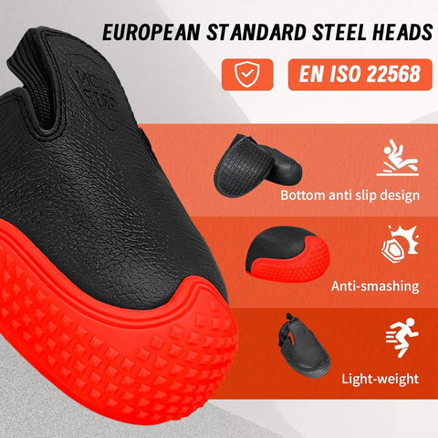 Close-up of Badass Steel Toe Shoe Covers With Non Slip Oil Resistant Soles and Thick Leather Lining for Heavy Duty Industrial Safety.