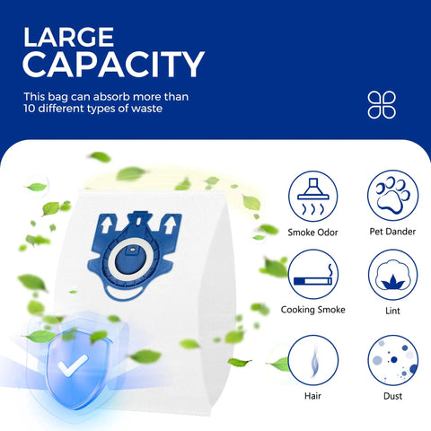 Nine Pack Vacuum Bag Set For Classic C1 C2 C3 And S Series Cleaners With 3D Efficiency AirClean Bags showing bag with icons