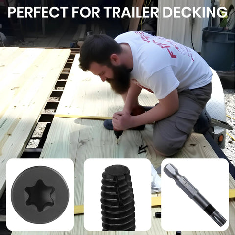 Beefy Heavy Duty Trailer Deck Screws 1/4-20 By 2-1/2 Inch Flat Head Type F Self-Tapping Screws Torx T-30 in use on wood deck