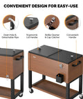 80 Quart Rolling Ice Chest On Wheels Cooler Cart With Cover And Drain Hose For Patio Pool Parties in wood color, side view with features labeled.