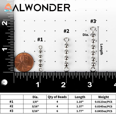 50 Pack Fishing Bead Chain Swivels For Catfish Stainless Steel Bead Chain Swivels With 360 Degree Rotation And Corrosion Resistant Design For Freshwater And Saltwater Tackle Rig Gear. Size chart with three bead chain swivels, ruler, and penny