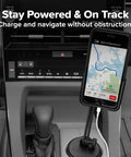 Adjustable Universal Cup Holder Cell Phone Mount Extension For Your Sweet Ride features smartphone secured in car cup holder with navigation visible.