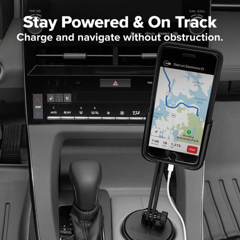 Adjustable Universal Cup Holder Cell Phone Mount Extension For Your Sweet Ride features smartphone secured in car cup holder with navigation visible.