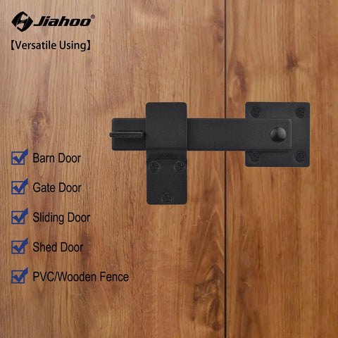 6 Inch Barn Door Flip Latch For Fence And Shed Gates Heavy Duty Solid Metal Iron Hardware In Matte Black installed on a wooden gate