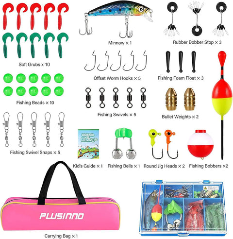 Kids Fishing Pole With Spincast Reel Telescopic Rod Full Gear Kit Pink 150cm Easy Cast Travel Bag tackle components displayed