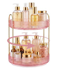 Total Game Changer, 360 Rotation Makeup Organizer For Vanity Desk, featuring a pink two-tier tray holding cosmetic bottles and jars.