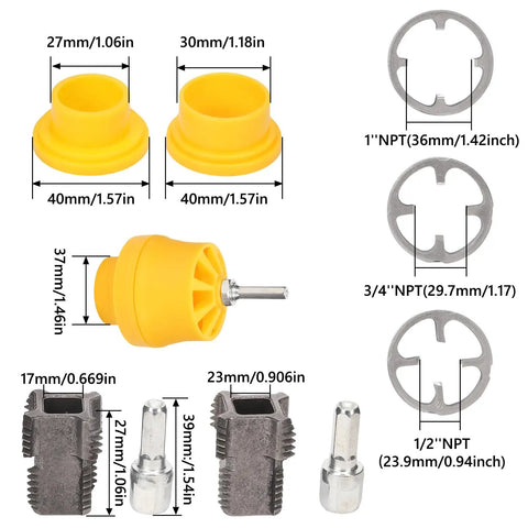 Electric Drill PVC Pipe Threader Kit with 1/2 Inch 3/4 Inch and 1 Inch Dies showing various components and measurements.