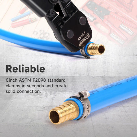 DIY Ready PEX Pipe Clamp Cinching Tool Kit For Stainless Steel Clamps From 3 Eighths Inch To 1 Inch With Half Inch And Three Quarters Inch Sets Easy Cinch Crimper For Fast Leak Free Connections in use on blue PEX pipe with brass fitting.