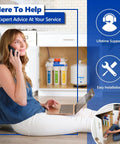 Woman using laptop and phone near Reverse Osmosis filter system under sink, highlighting Six Month Reverse Osmosis Replacement Filter Set.