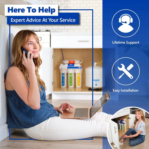 Woman using laptop near under sink setup with 10 Pack Activated Carbon Block Water Filter Replacement For Under Sink And Reverse Osmosis Systems 5 Micron 10 Inch Filter Keeps Water Tasting Fresh And Impurities Down A Solid Pick For Home RO Setups.