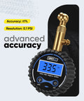 Digital Tire Pressure Gauge For Cars With 360 Degree Swivel Chuck Rugged Brass Body Wrapped In Protective Rubber Case Easy Valve Connection Accurate Readings Up To 200 PSI For Safe Tire Maintenance. Digital tire gauge with brass swivel chuck and 33.5 PSI display