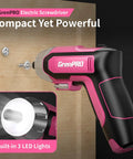 4V Cordless USB Rechargeable Screwdriver Kit With 29 Bits, Pink Handy Mini Power Tool, includes built-in LED lights for home repairs