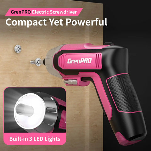 4V Cordless USB Rechargeable Screwdriver Kit With 29 Bits, Pink Handy Mini Power Tool, includes built-in LED lights for home repairs