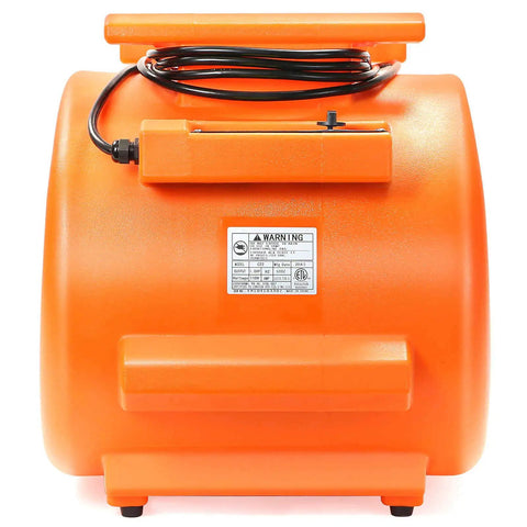 Heavy Duty Industrial Air Mover Carpet Dryer And Stackable Floor Blower with three speed settings, bright orange color, back view.