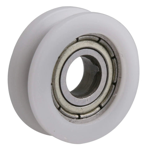 Heavy Duty 1.5mm Depth U Shape Groove Bearing Guide Pulley Wheel 18mm Diameter 5mm Bore 47kg Max Load Pack of 4 Replacement Roller for Sliding Windows Doors Printers, white U-groove wheel close-up