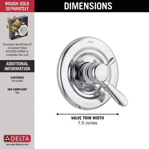 Lahara 17 Series Dual Function Shower Trim Kit Chrome Finish T17038 shown with valve trim width and product dimensions