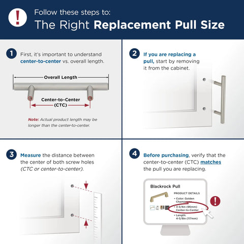 infographic on how to determine the right size for cabinet pulls, showing measuring methods and important details.