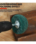 10 Piece Premium Non Woven Abrasive Buffing Wheel Set With 1/4 Inch Shank For Serious Polishing Edge Work And Surface Prep Jobs featuring a green dome pad on a drill.