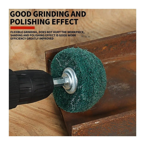 10 Piece Premium Non Woven Abrasive Buffing Wheel Set With 1/4 Inch Shank For Serious Polishing Edge Work And Surface Prep Jobs featuring a green dome pad on a drill.