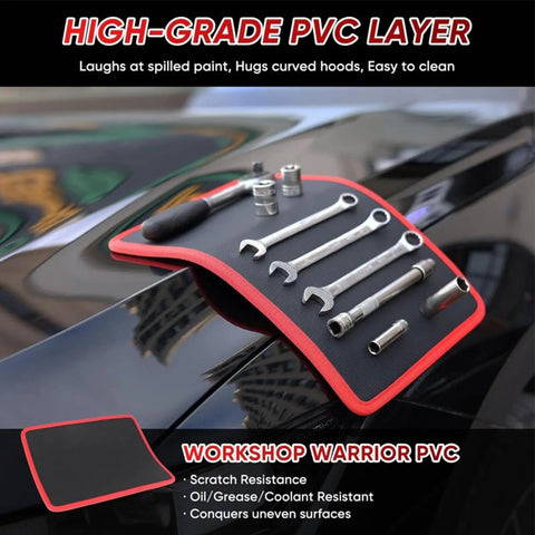 Three Flexible Magnetic Pads Tool Mat Set For Workbench Organization Magnetic Holding Pad For Small Parts And Tiny Tools Clutter Free Surface For Repairs And Crafting, black PVC mat with red edge holding tools