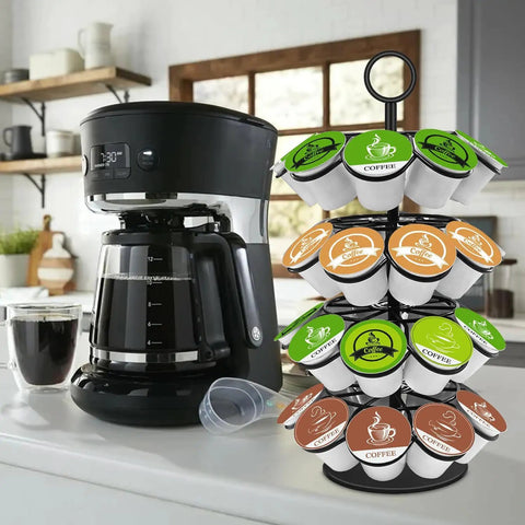 Super Handy 36 Pod K Cup Organizer That Spins 360 Degrees Detachable Coffee Pod Holder next to coffee maker on countertop