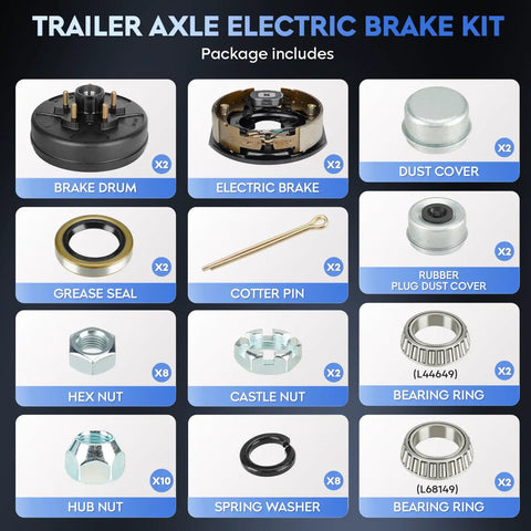 Beefy 10 Inch Electric Brake Drum Kit Pair For 3500 Lb Trailer Axles includes brake drum, electric brake, hub nut, and other essential components.