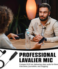 Two people using Four Pack 3 Pin XLR Lavalier Microphone Kit With 6.56 Ft Cables for interviews at a table discussion.